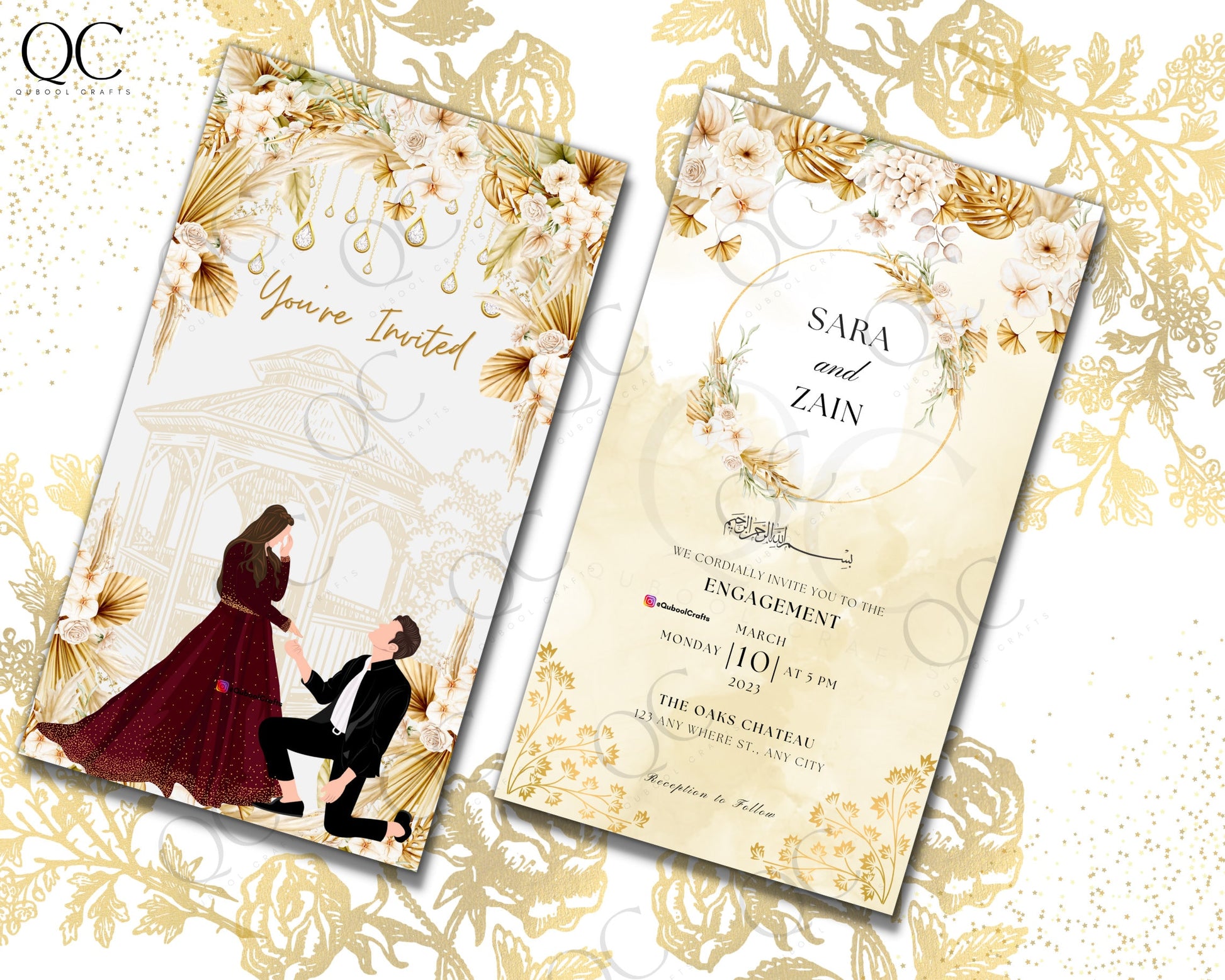 Animated Gold Engagement Digital Nikkah Ceremony Shaadi Walima Wedding Muslim Desi Custom Invitation Invite Template Floral Golden Reception