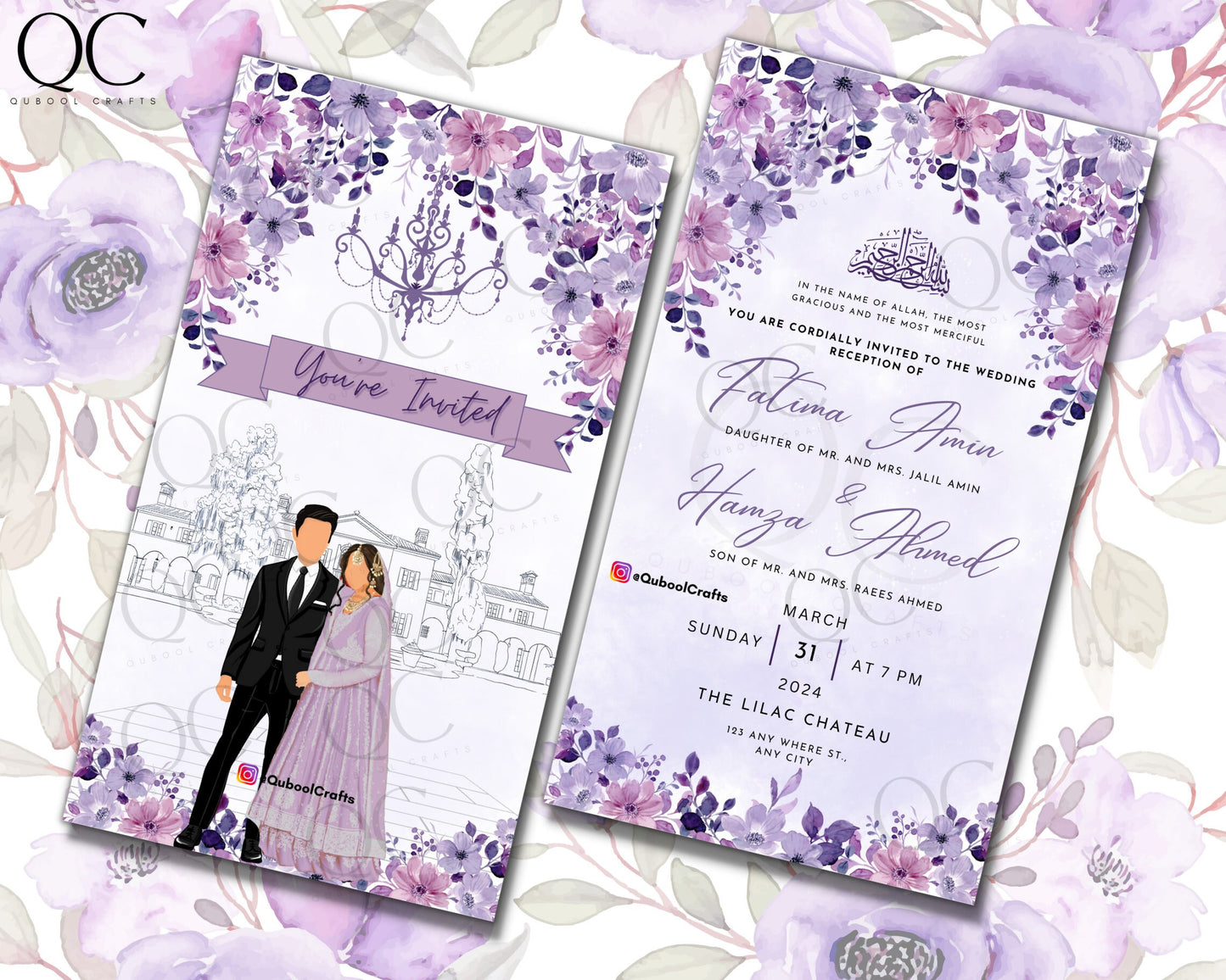 Animated Purple Digital Walima Shaadi Nikkah Ceremony Wedding Engagement Muslim Desi Invitation Invite Card Template Floral Lavender Lilac