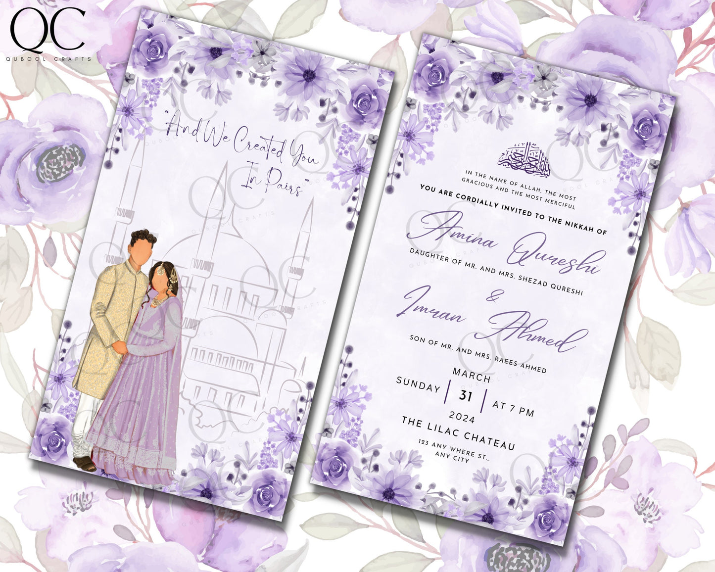 Animated Purple Digital Nikkah Ceremony Shaadi Walima Wedding Engagement Muslim Desi Invitation Invite Card Template Floral Lavender Lilac