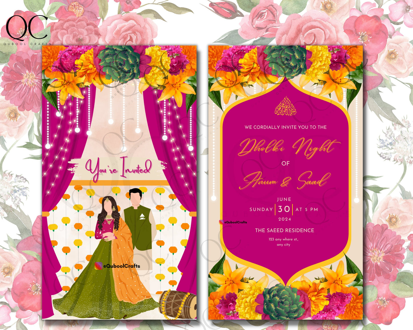 Animated Lighted Colorful Mehndi Dholki Mayoun Mayun Henna Invitation Card Muslim Desi Invite Card Template Floral Pink Editable Custom