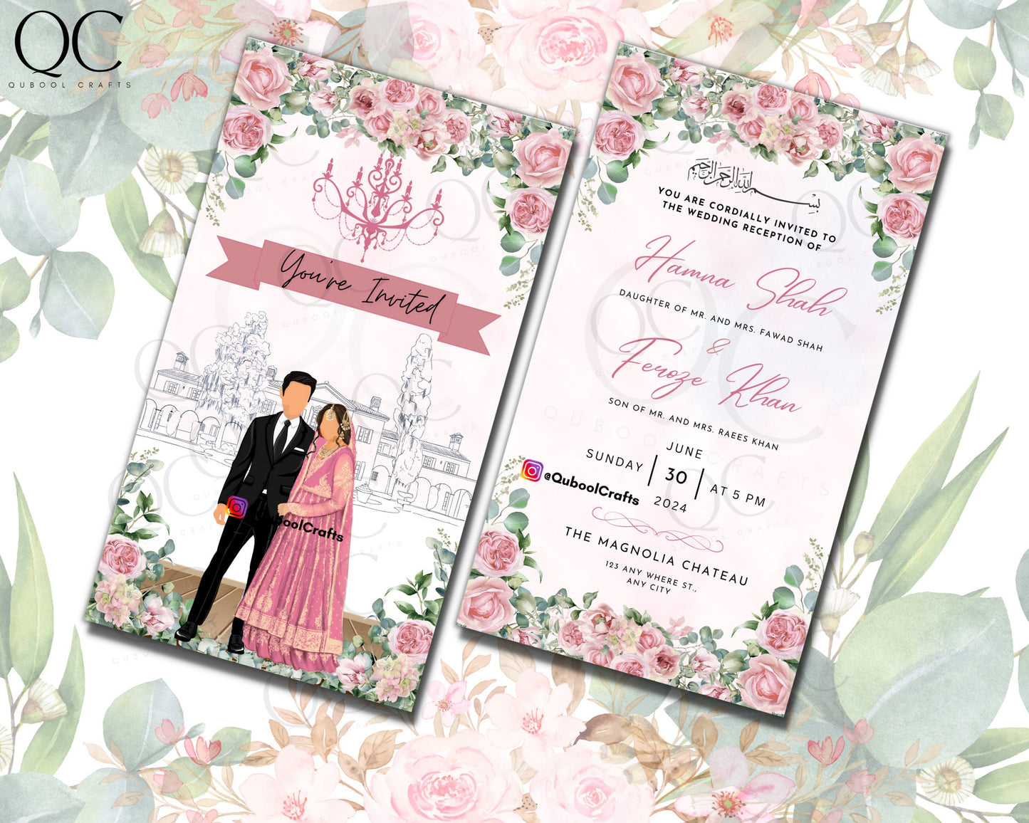 Animated Pink Digital Walima Shaadi Nikkah Ceremony Wedding Engagement Muslim Desi Invitation Invite Template Floral Blush Peach Reception