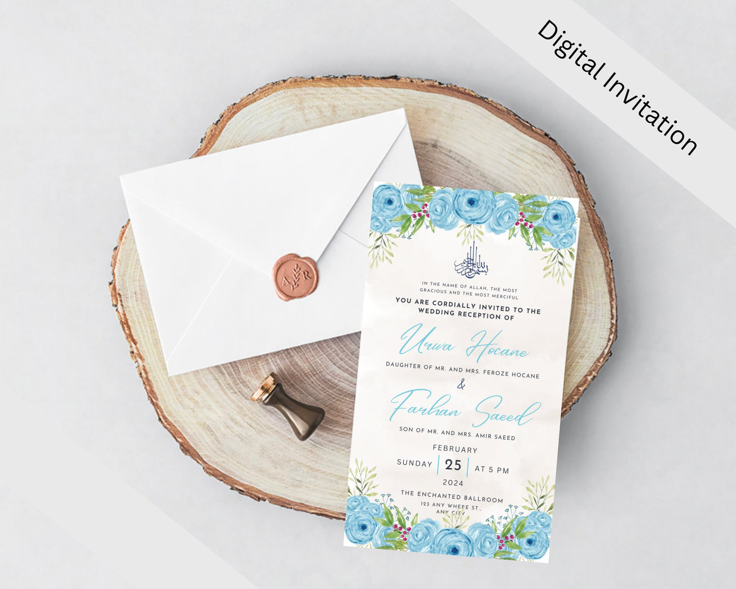 Animated Ice Blue Sunset Digital Nikkah Ceremony Shaadi Walima Wedding Engagement Muslim Desi Invitation Invite Card Template Floral Evening