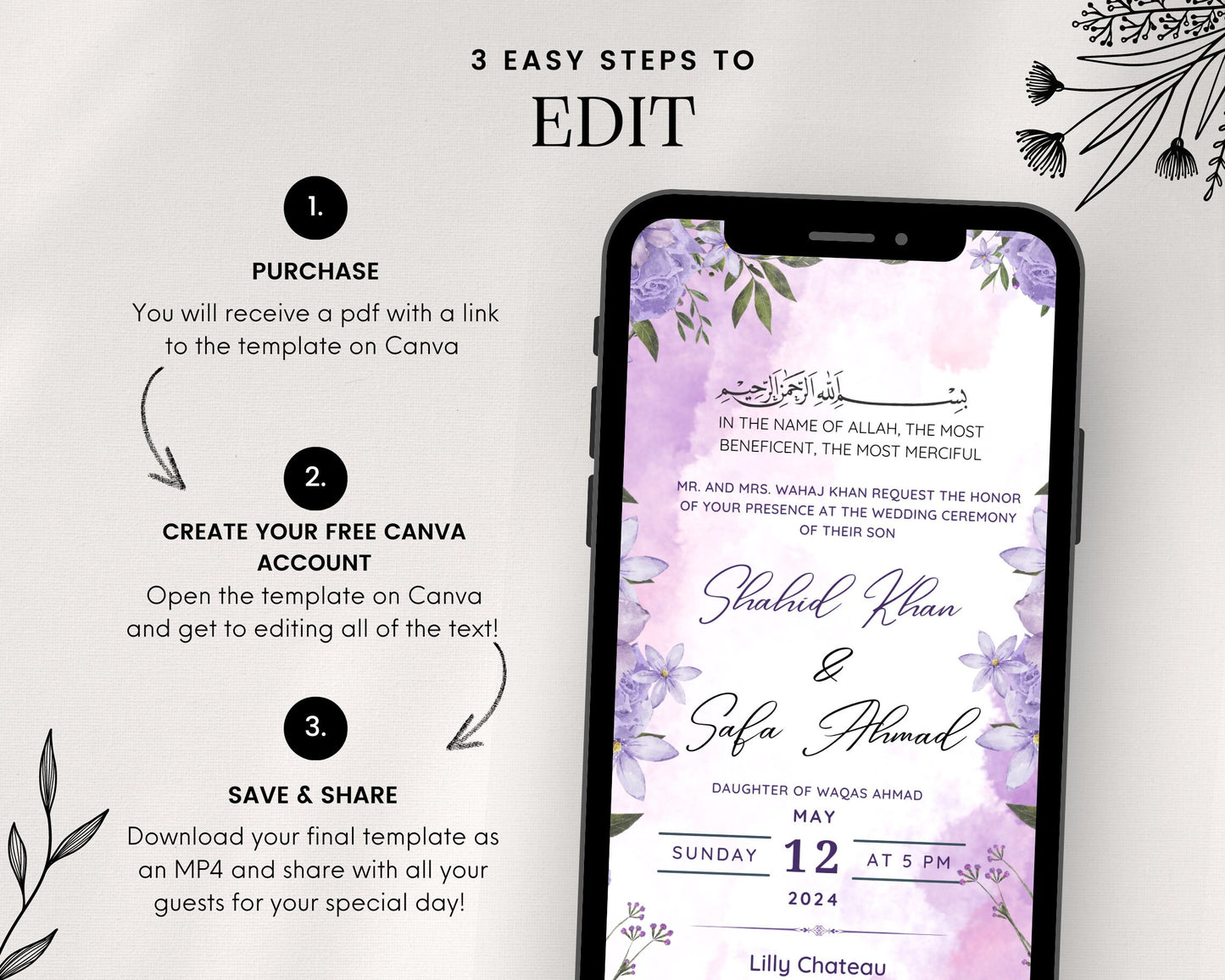 Animated Lilac Purple Digital Shaadi Nikkah Ceremony Walima Wedding Engagement Muslim Desi Invitation Invite Card Template Floral Lavender