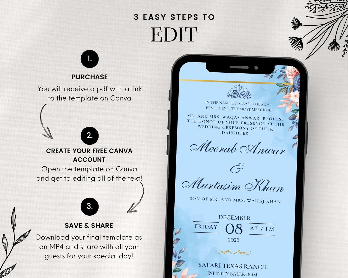 Animated Nikkah Engagement Wedding Shaadi Walima Save the Date Baat Paaki Invitation Card Digital Desi Muslim Invite Template Floral Minimal