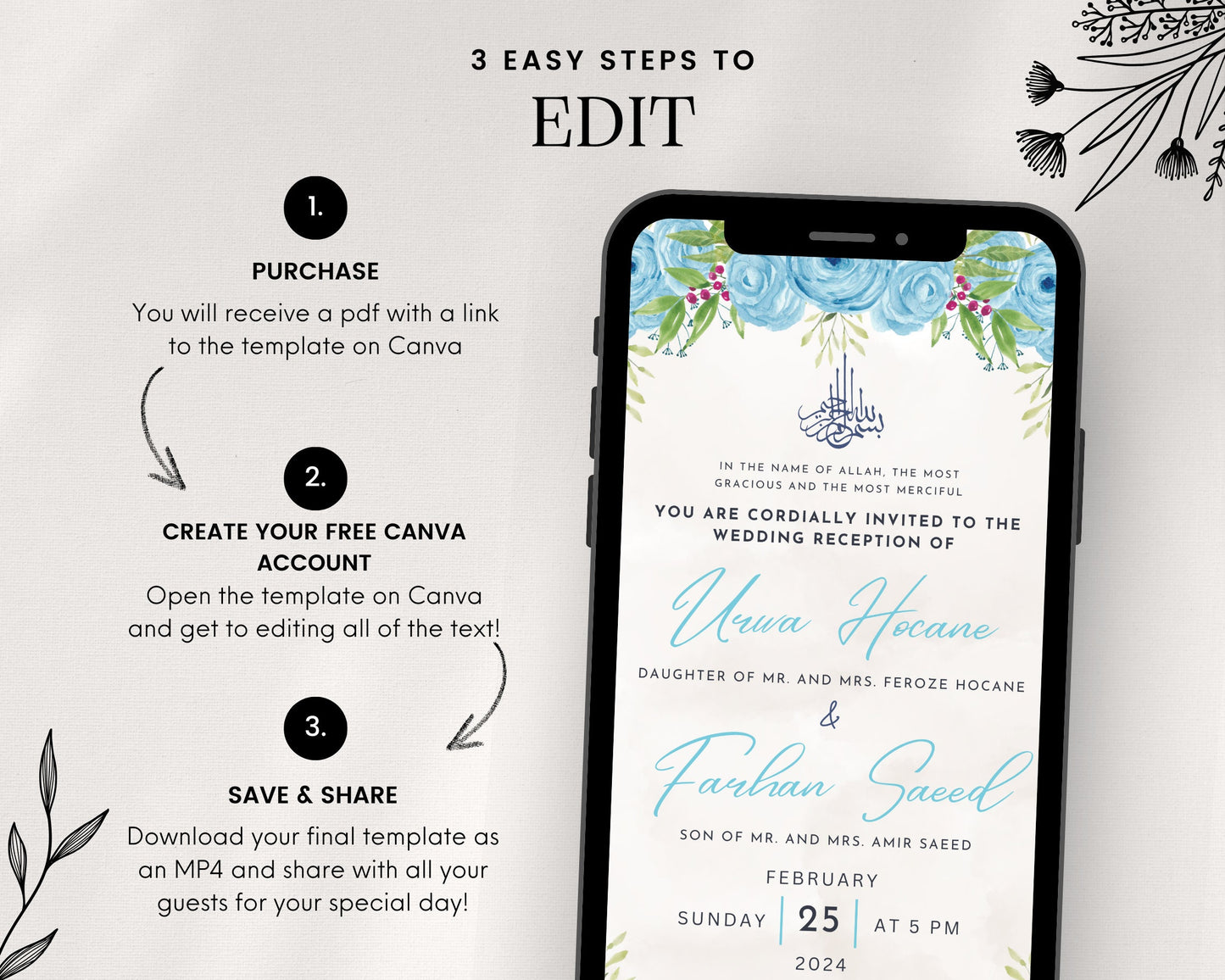 Animated Ice Blue Sunset Digital Nikkah Ceremony Shaadi Walima Wedding Engagement Muslim Desi Invitation Invite Card Template Floral Evening