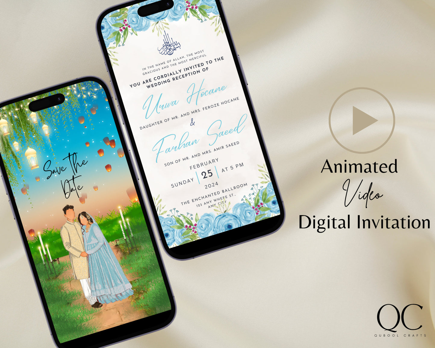 Animated Ice Blue Sunset Digital Nikkah Ceremony Shaadi Walima Wedding Engagement Muslim Desi Invitation Invite Card Template Floral Evening