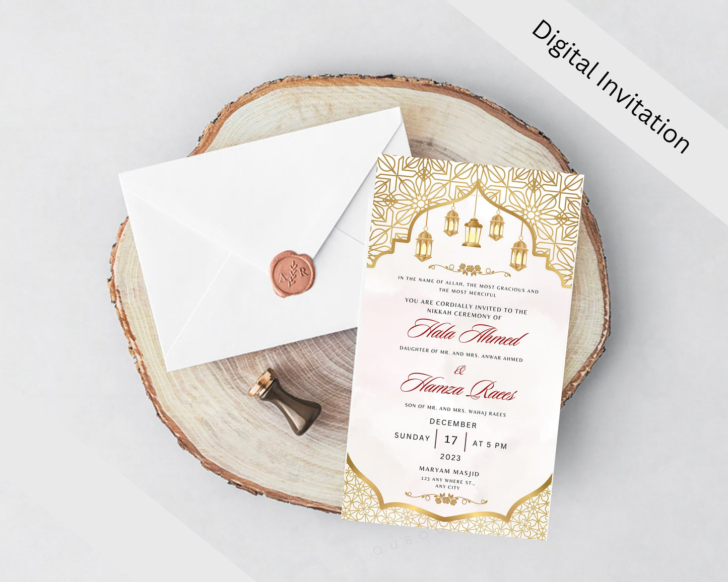 Animated Beige Digital Shaadi Nikkah Ceremony Wedding Engagement Muslim Desi Invitation Invite Card Template Floral Regal Masjid