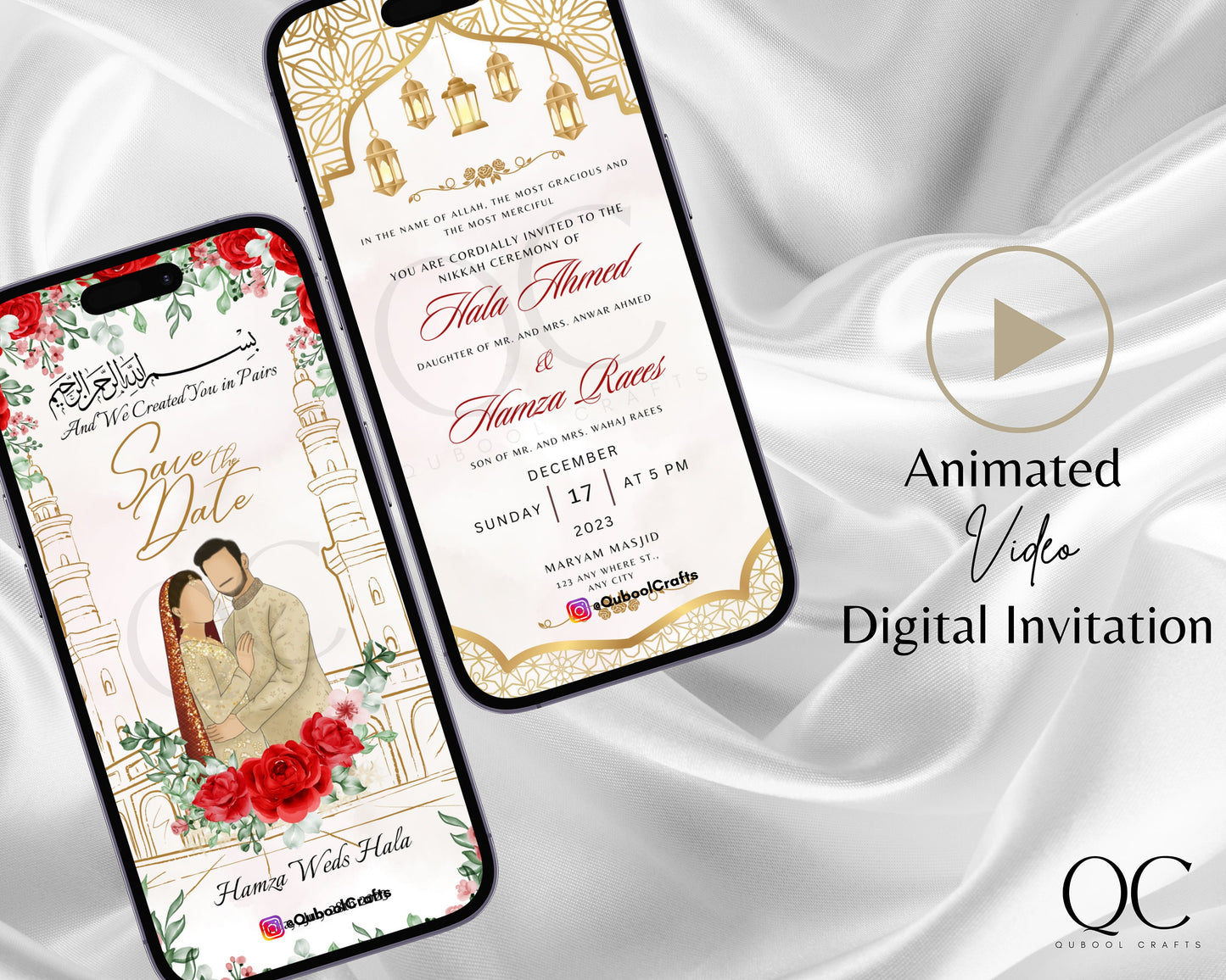 Animated Beige Digital Shaadi Nikkah Ceremony Wedding Engagement Muslim Desi Invitation Invite Card Template Floral Regal Masjid