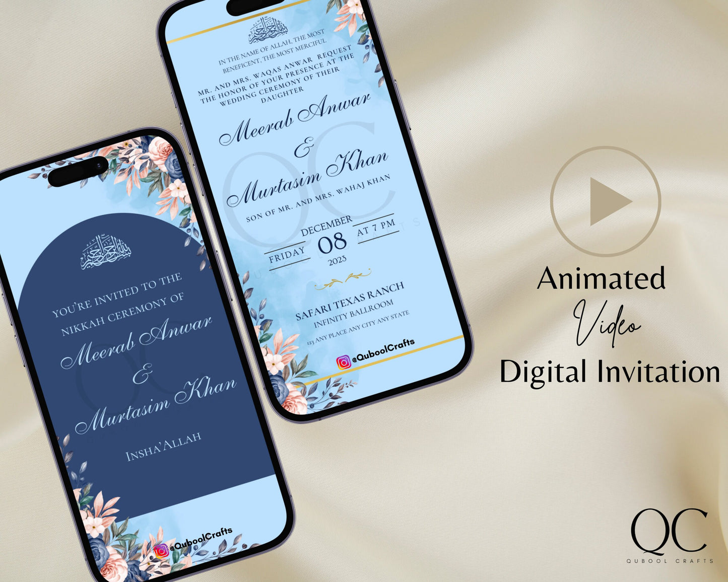 Animated Nikkah Engagement Wedding Shaadi Walima Save the Date Baat Paaki Invitation Card Digital Desi Muslim Invite Template Floral Minimal