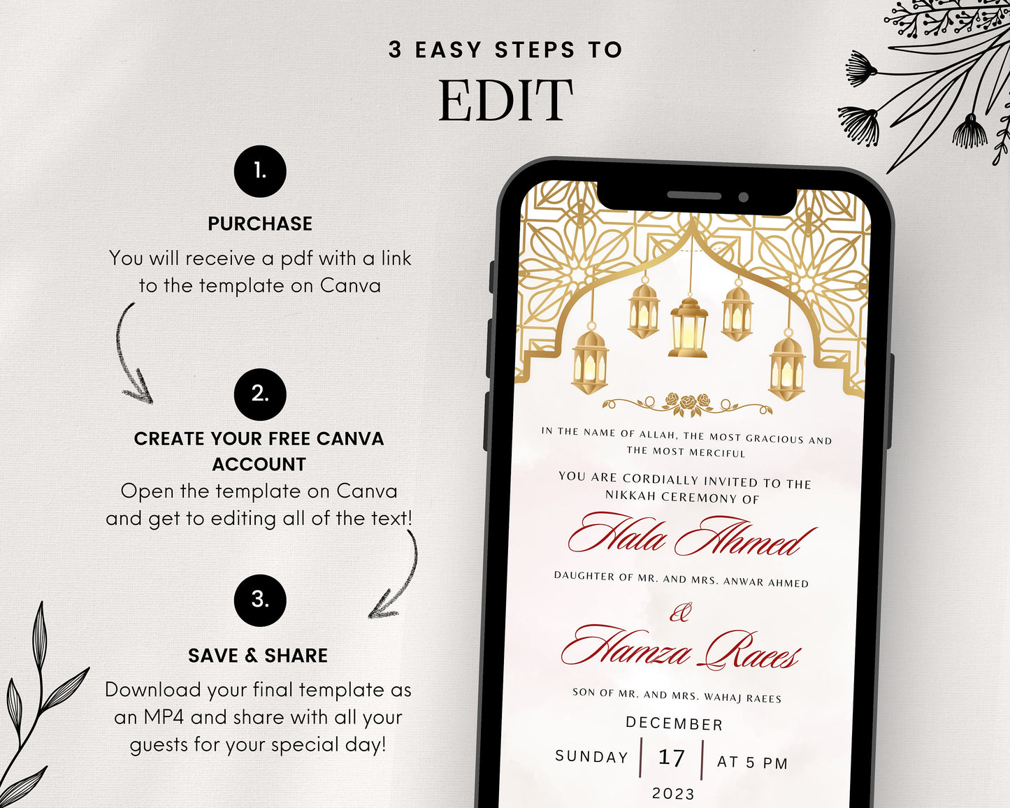 Animated Beige Digital Shaadi Nikkah Ceremony Wedding Engagement Muslim Desi Invitation Invite Card Template Floral Regal Masjid