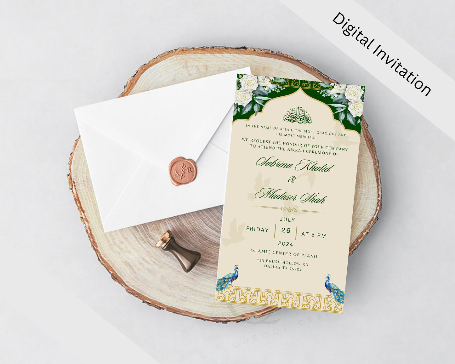 Animated Green Mughal Digital Shaadi Nikkah Ceremony Walima Wedding Engagement Muslim Desi Custom Invitation Invite Card Template Masjid