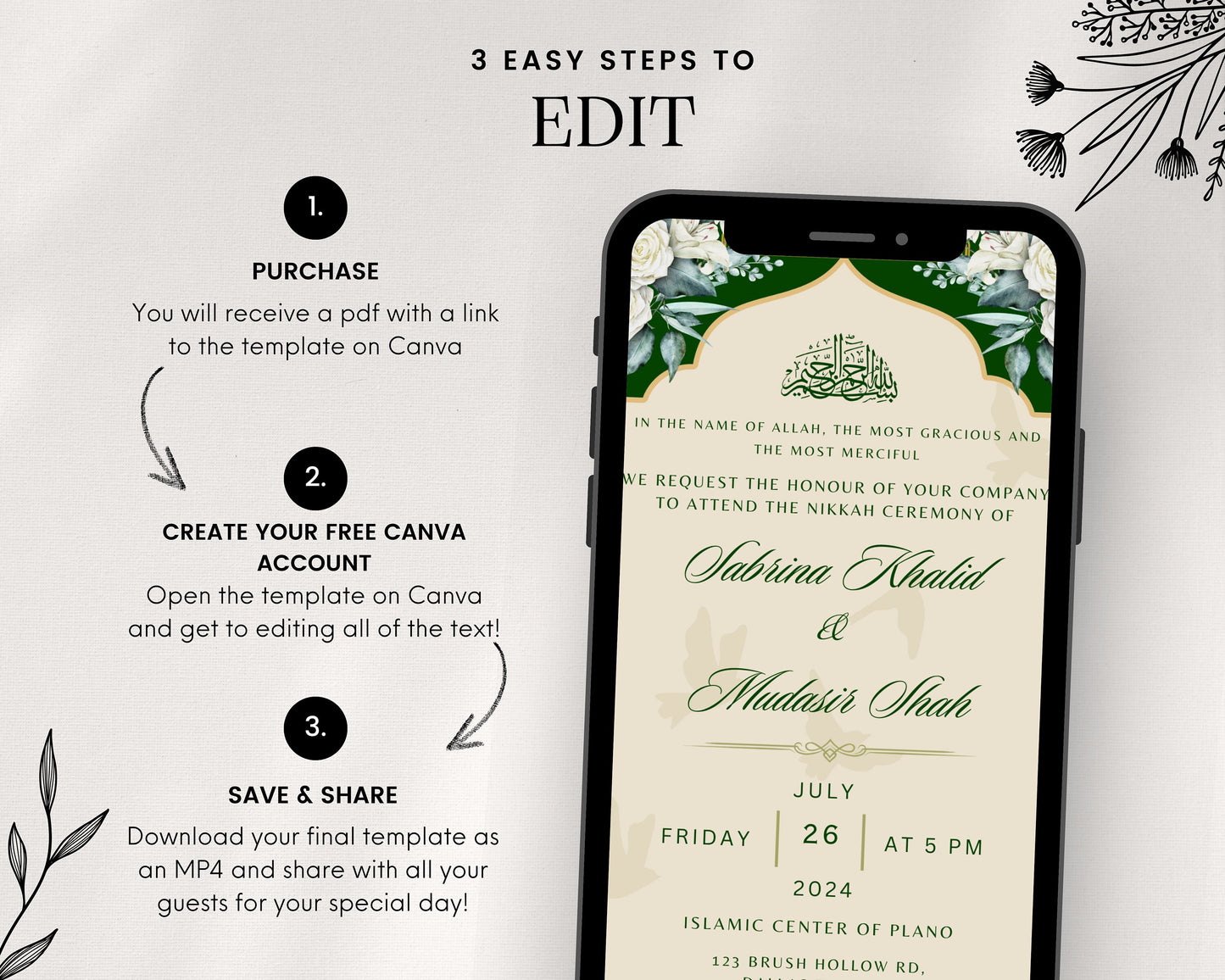 Animated Green Mughal Digital Shaadi Nikkah Ceremony Walima Wedding Engagement Muslim Desi Custom Invitation Invite Card Template Masjid