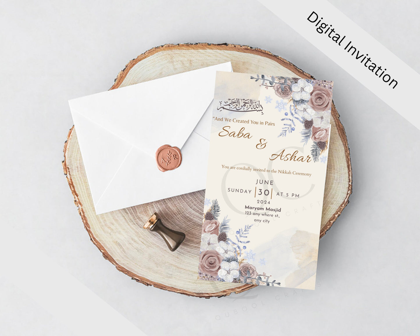 Animated Nikkah Engagement Wedding Shaadi Walima Save the Date Baat Paaki Invitation Card Digital Desi Muslim Invite Template Floral Minimal