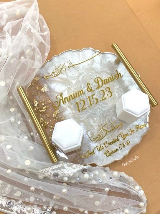 Personalized Resin Nikkah Ring Trays Ring Box Islamic Muslim Gifts Wedding Gifts Vinyl Gold White Customized gold handles gifts for couples