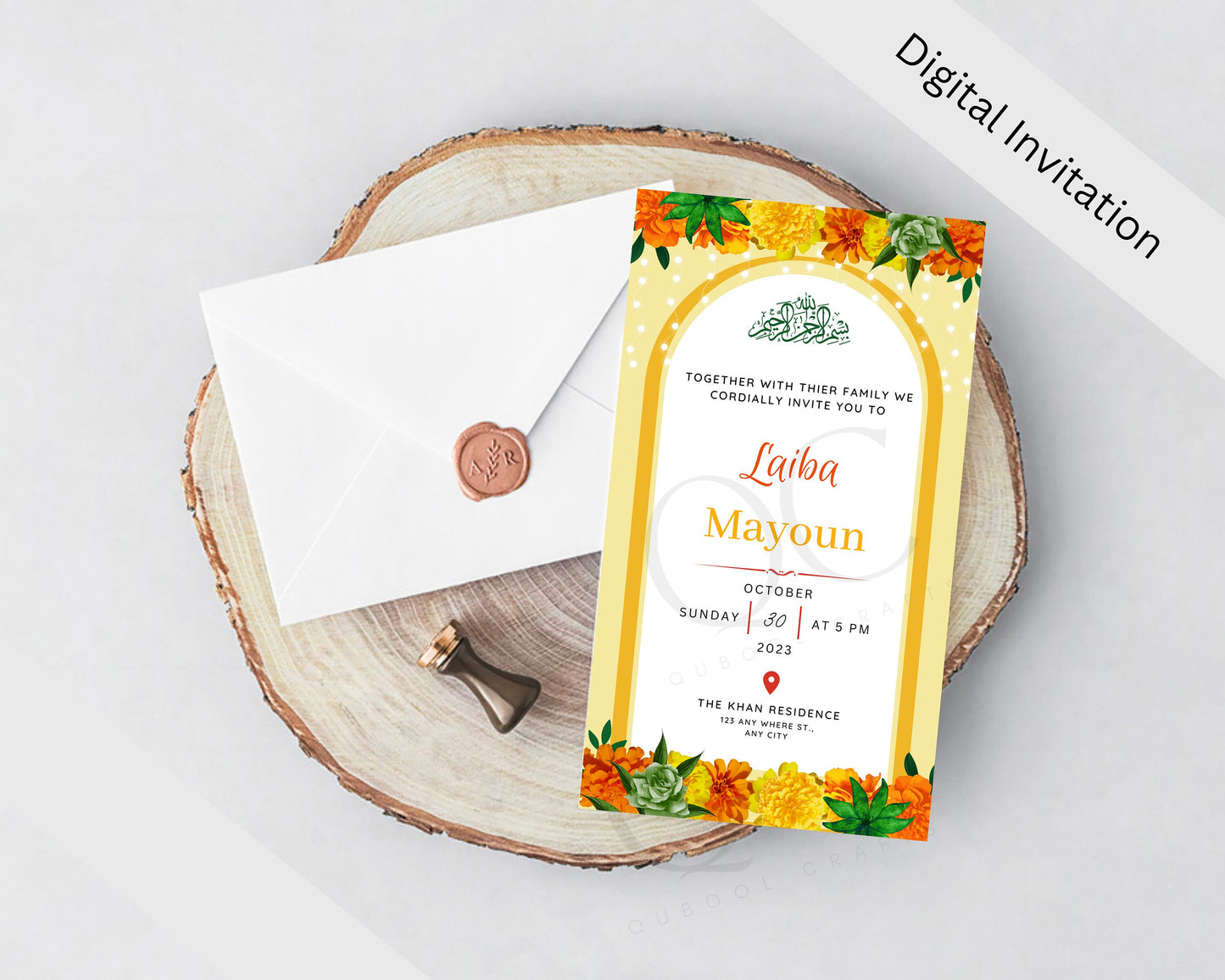 Animated Haldi Mayoun Mayun Dholki Mehndi Pithi Sangeet Digital Invitation Desi Muslim Indian Invite Card Template Floral Editable Yellow