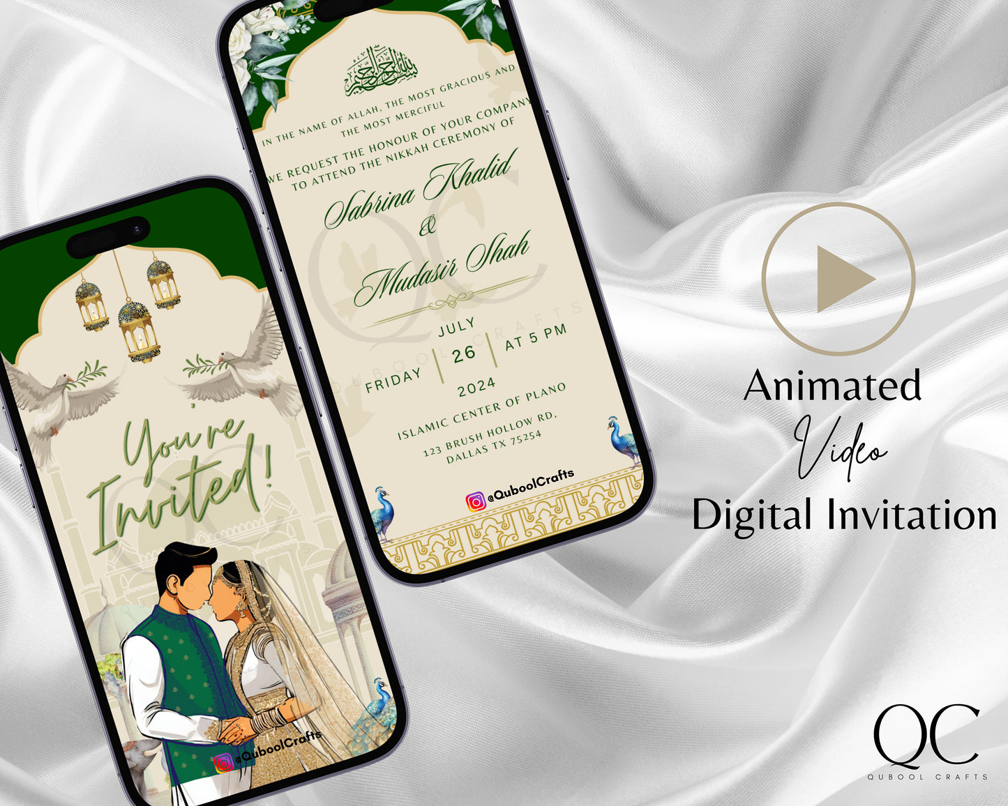 Animated Green Mughal Digital Shaadi Nikkah Ceremony Walima Wedding Engagement Muslim Desi Custom Invitation Invite Card Template Masjid