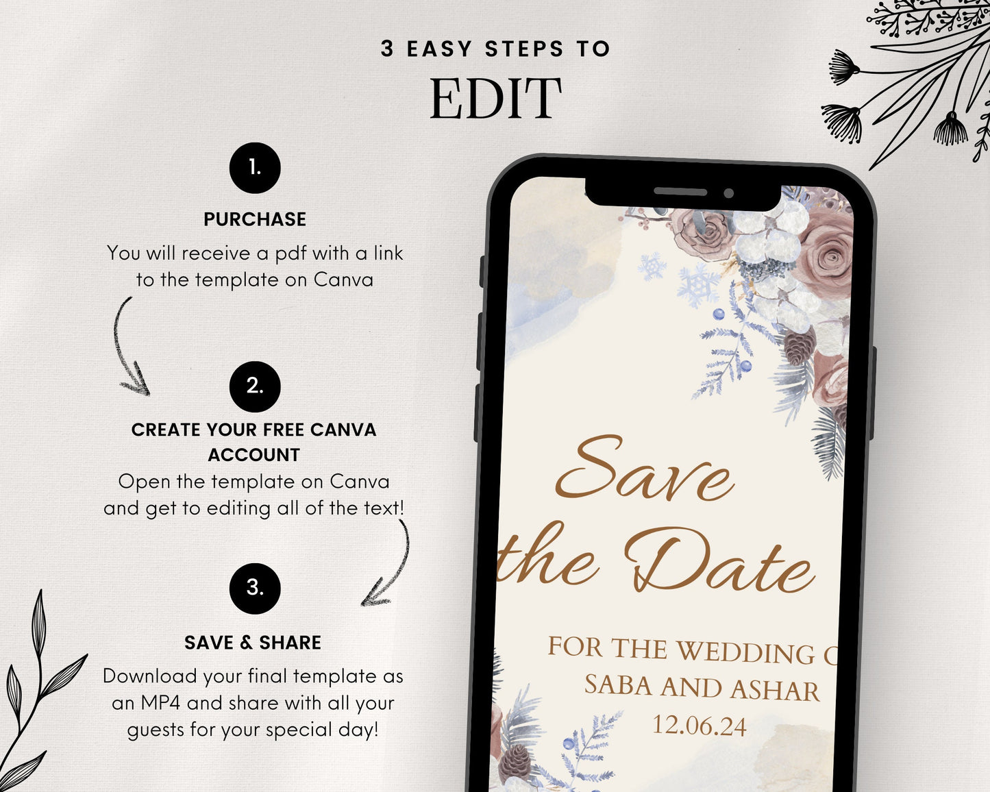 Animated Nikkah Engagement Wedding Shaadi Walima Save the Date Baat Paaki Invitation Card Digital Desi Muslim Invite Template Floral Minimal