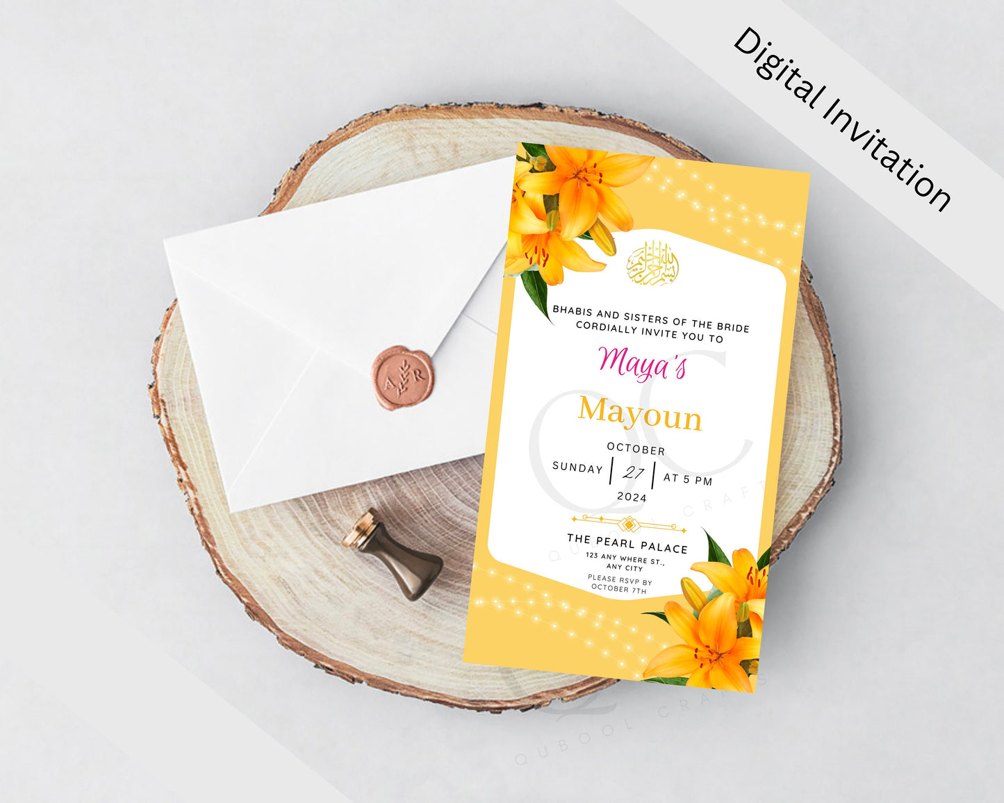 Animated Haldi Mayoun Mayun Dholki Mehndi Pithi Sangeet Digital Invitation Desi Muslim Indian Invite Card Template Floral Editable Yellow