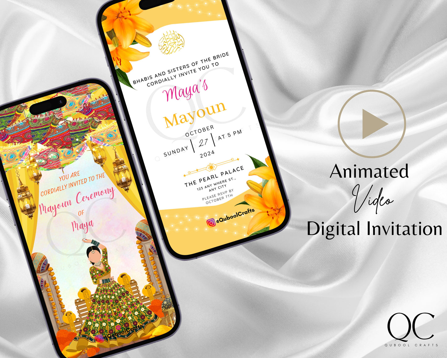 Animated Haldi Mayoun Mayun Dholki Mehndi Pithi Sangeet Digital Invitation Desi Muslim Indian Invite Card Template Floral Editable Yellow