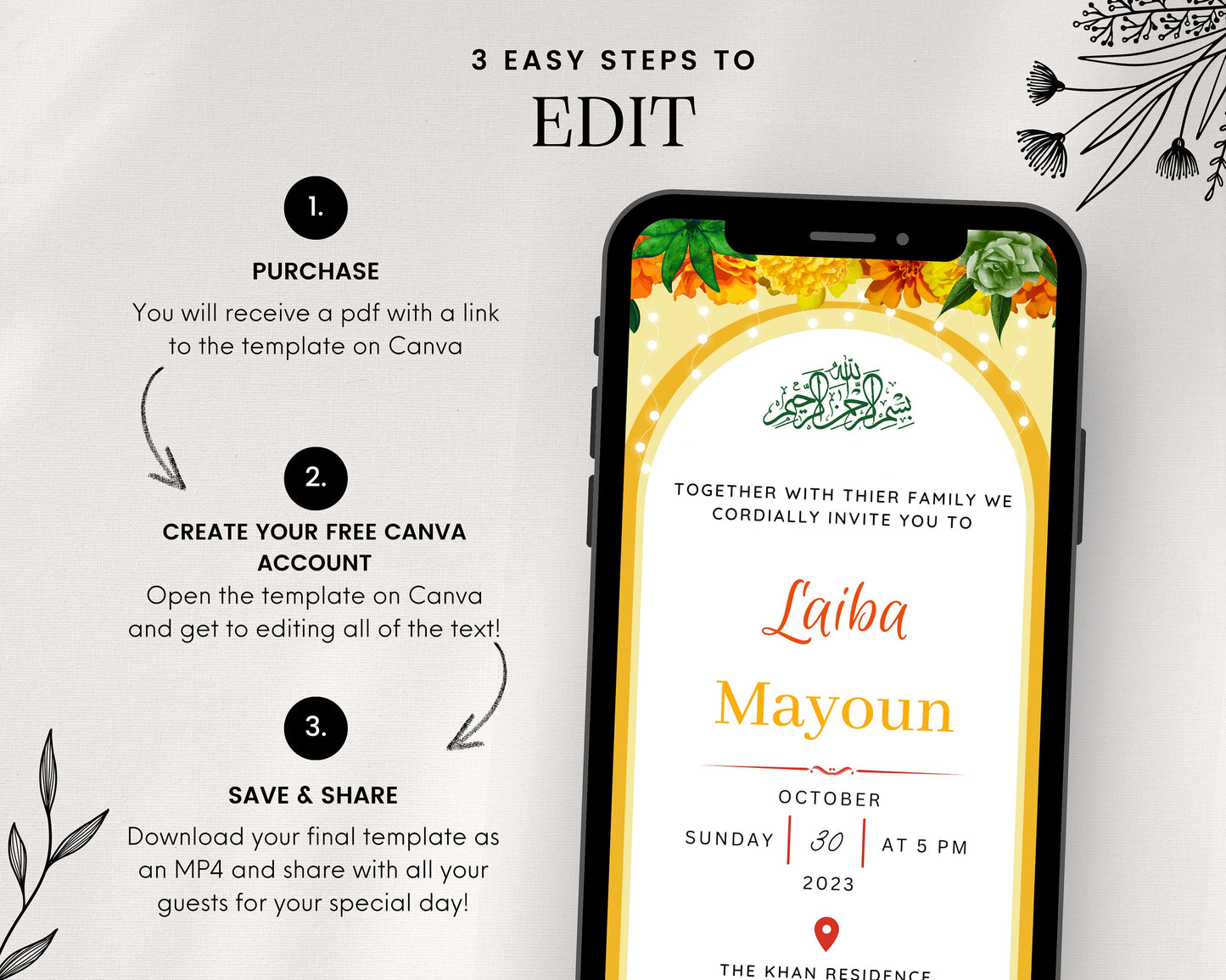 Animated Haldi Mayoun Mayun Dholki Mehndi Pithi Sangeet Digital Invitation Desi Muslim Indian Invite Card Template Floral Editable Yellow