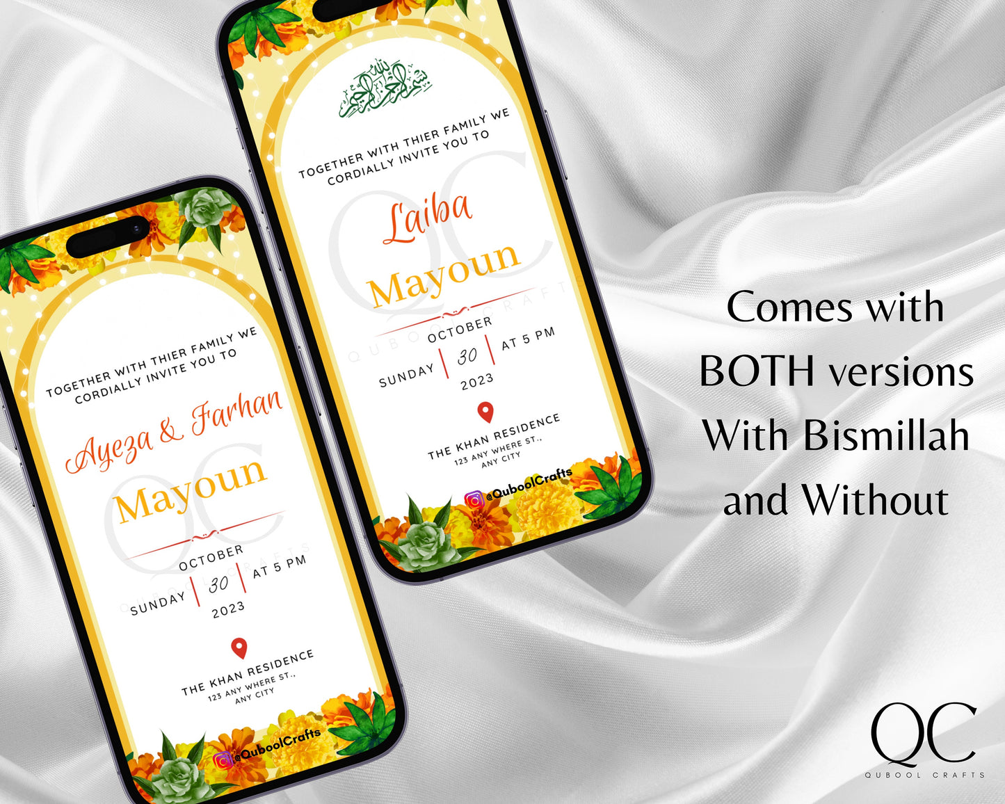 Animated Haldi Mayoun Mayun Dholki Mehndi Pithi Sangeet Digital Invitation Desi Muslim Indian Invite Card Template Floral Editable Yellow