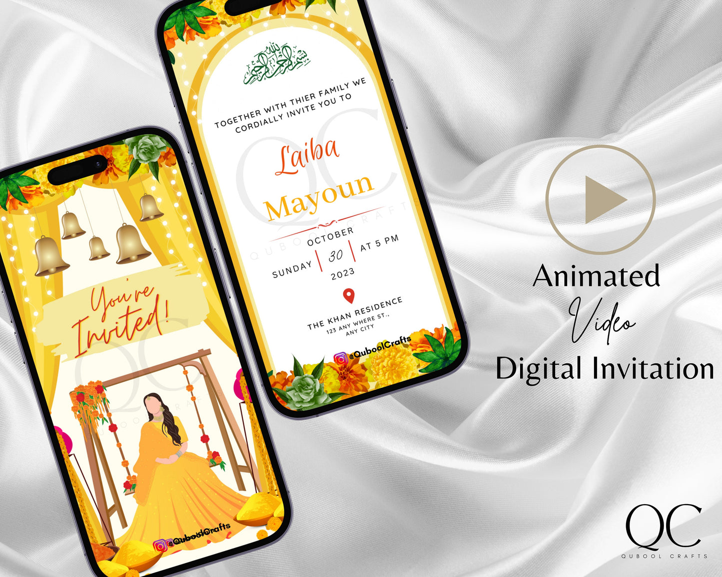 Animated Haldi Mayoun Mayun Dholki Mehndi Pithi Sangeet Digital Invitation Desi Muslim Indian Invite Card Template Floral Editable Yellow