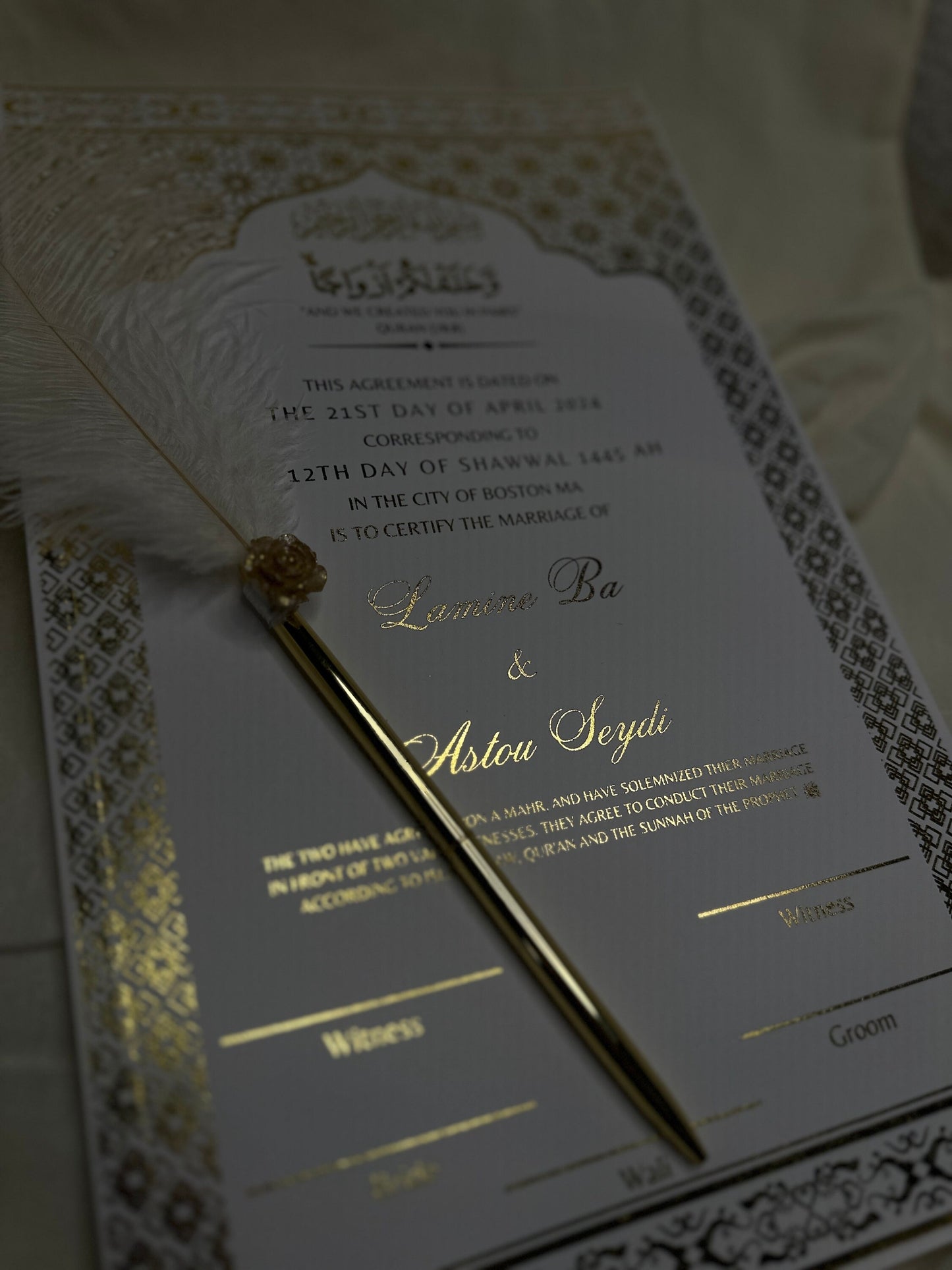Luxury Gold Foil Nikkah Contract Pen Personalized Muslim Cards Nikkanama Muslim Desi Gold Bismillah 8.5x14in Physical Copy Frame Nikkah Pen