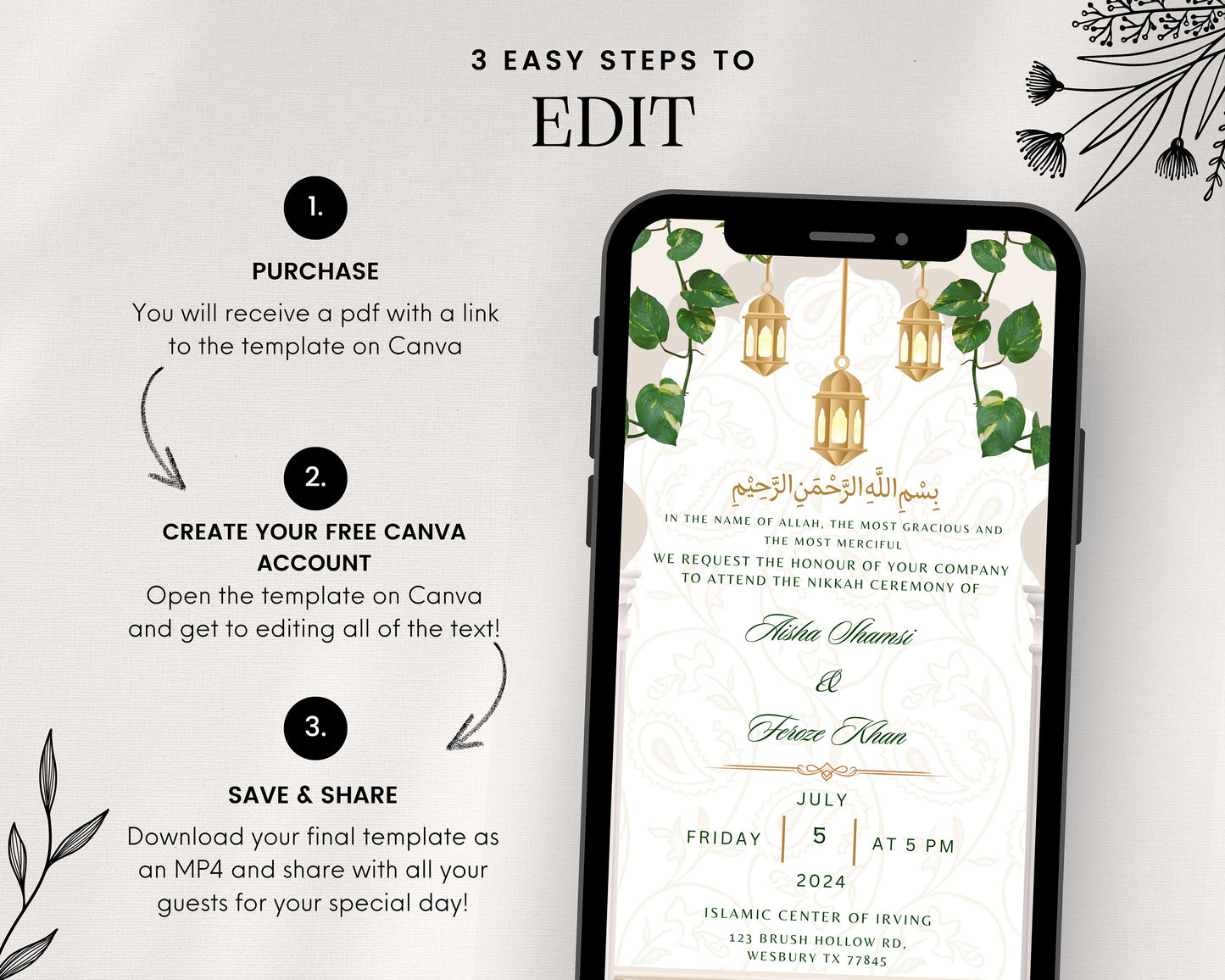 Animated Gold White Nikkah Engagement Walima Shaadi Wedding Digital Desi Muslim Invitation Card Template Pink Instant Download Floral Mughal