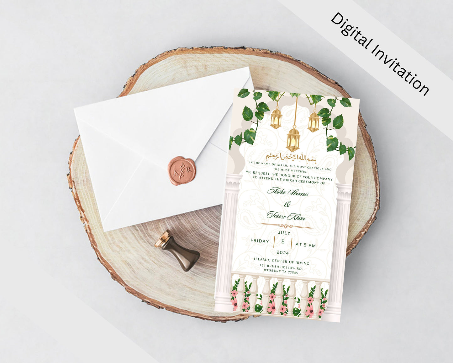 Animated Gold White Nikkah Engagement Walima Shaadi Wedding Digital Desi Muslim Invitation Card Template Pink Instant Download Floral Mughal