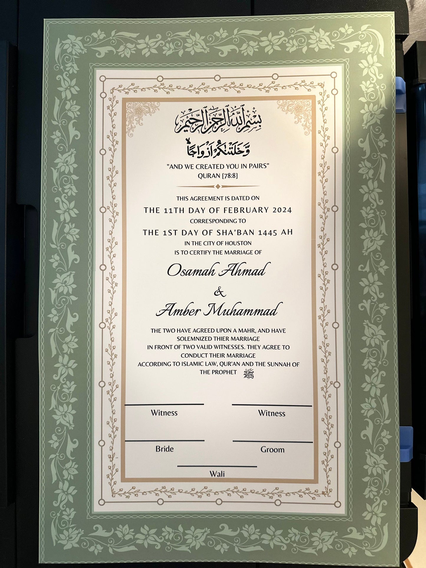 PRINTED Sage Green Luxury Nikkah Contract Personalized Muslim Cards Nikkanama Muslim Desi Gold Bismillah Tabloid 11x17 Physical Nikkah Pen