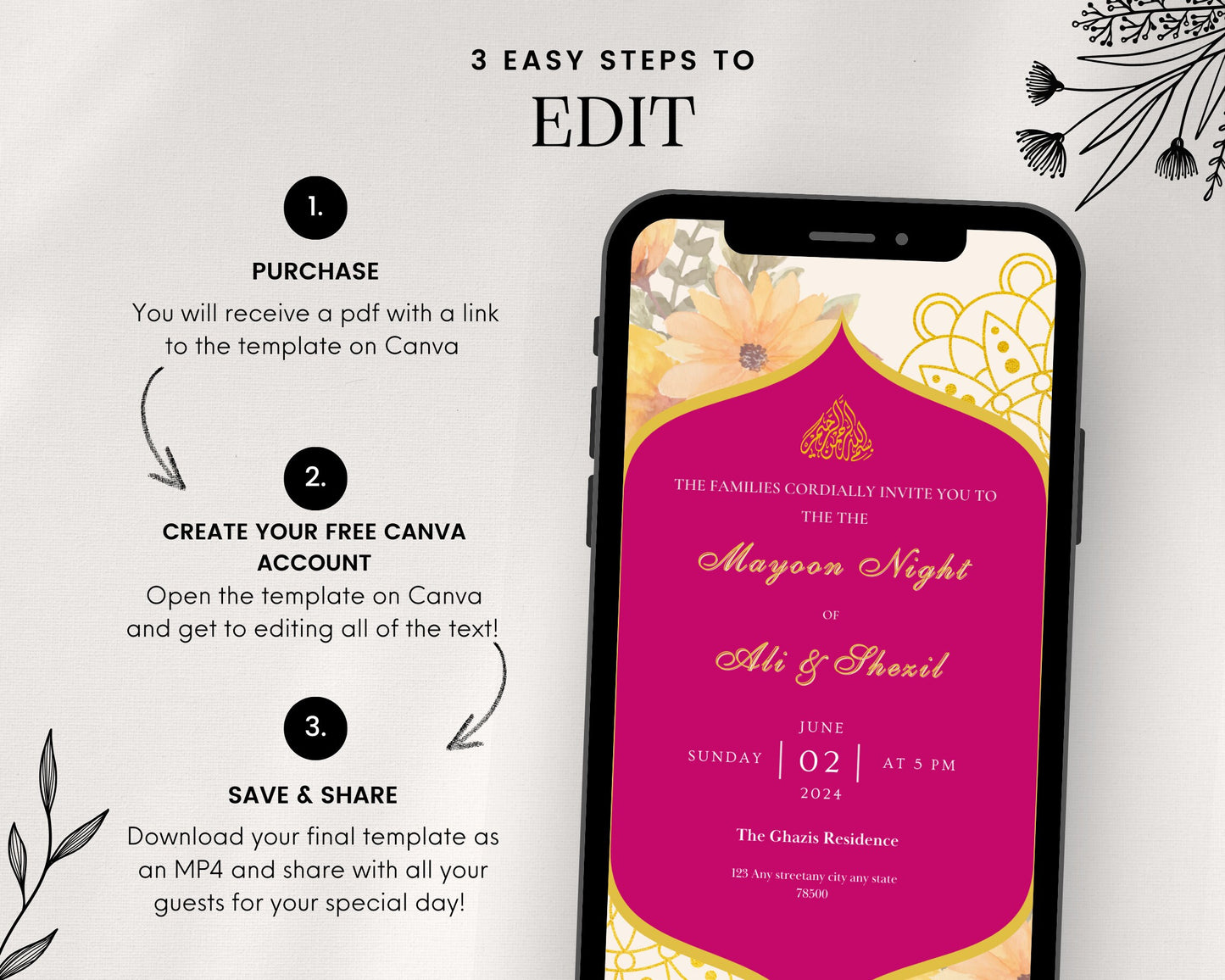 Animated Muslim Hijabi Mayoun Mayun Dholki Haldi Editable Digital Wedding Invitation Card Desi Invite Template Floral Yellow Orange Pink