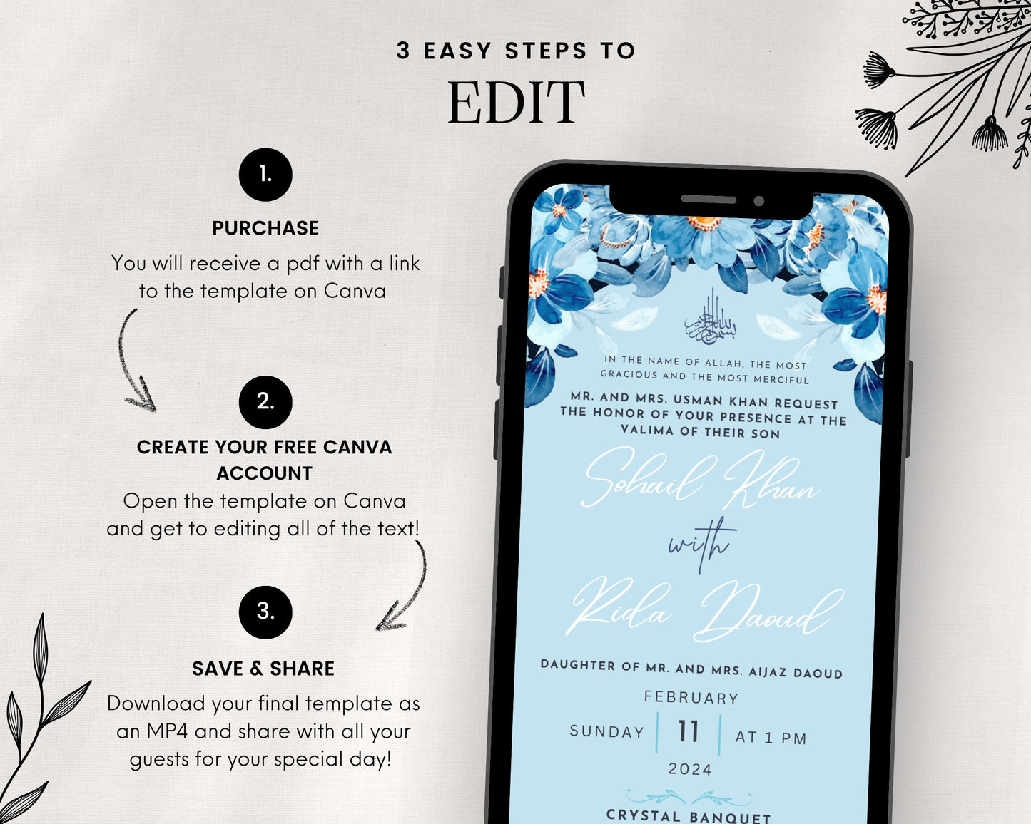 Animated Blue Reception Walima Shaadi Nikkah Engagement Wedding Digital Desi Muslim Invitation Card Template Ice Blue Instant Floral Lantern