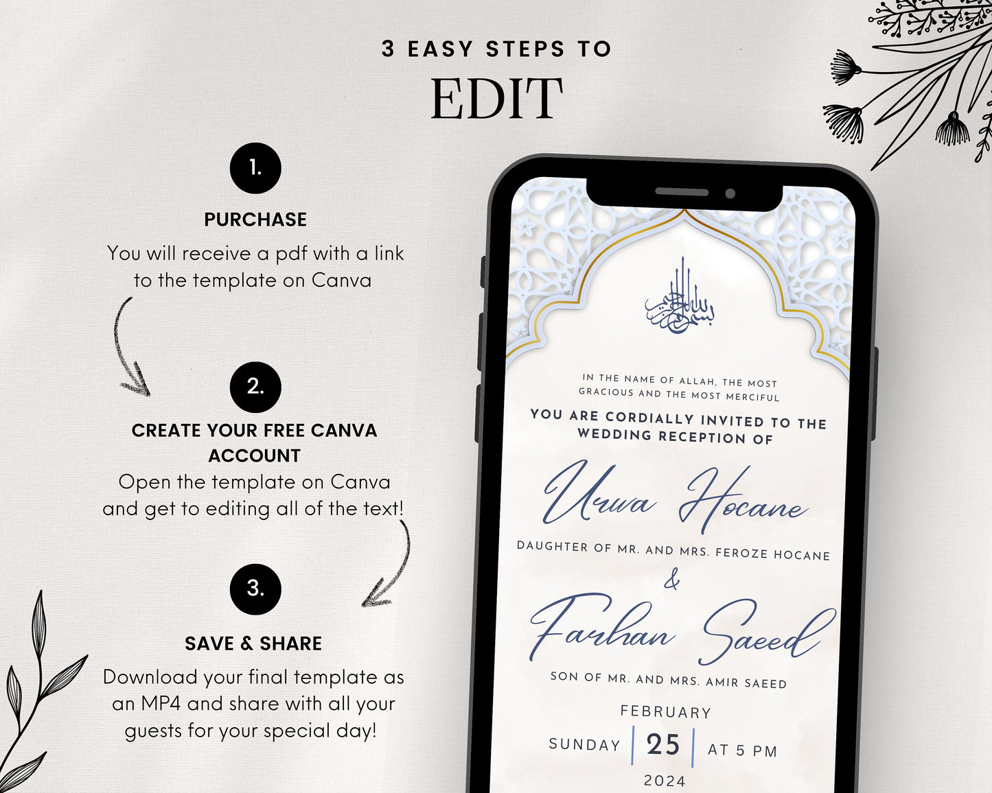 Animated Digital Nikkah Ceremony Shaadi Walima Wedding Engagement Muslim Desi Invitation Invite Card Template Floral Regal Ice Blue Masjid