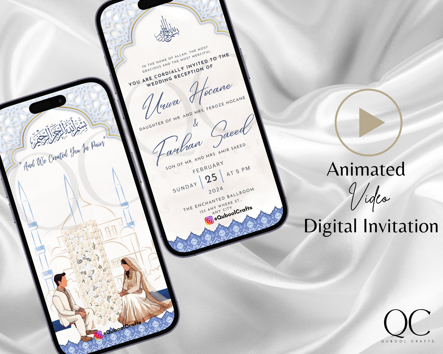 Animated Digital Nikkah Ceremony Shaadi Walima Wedding Engagement Muslim Desi Invitation Invite Card Template Floral Regal Ice Blue Masjid