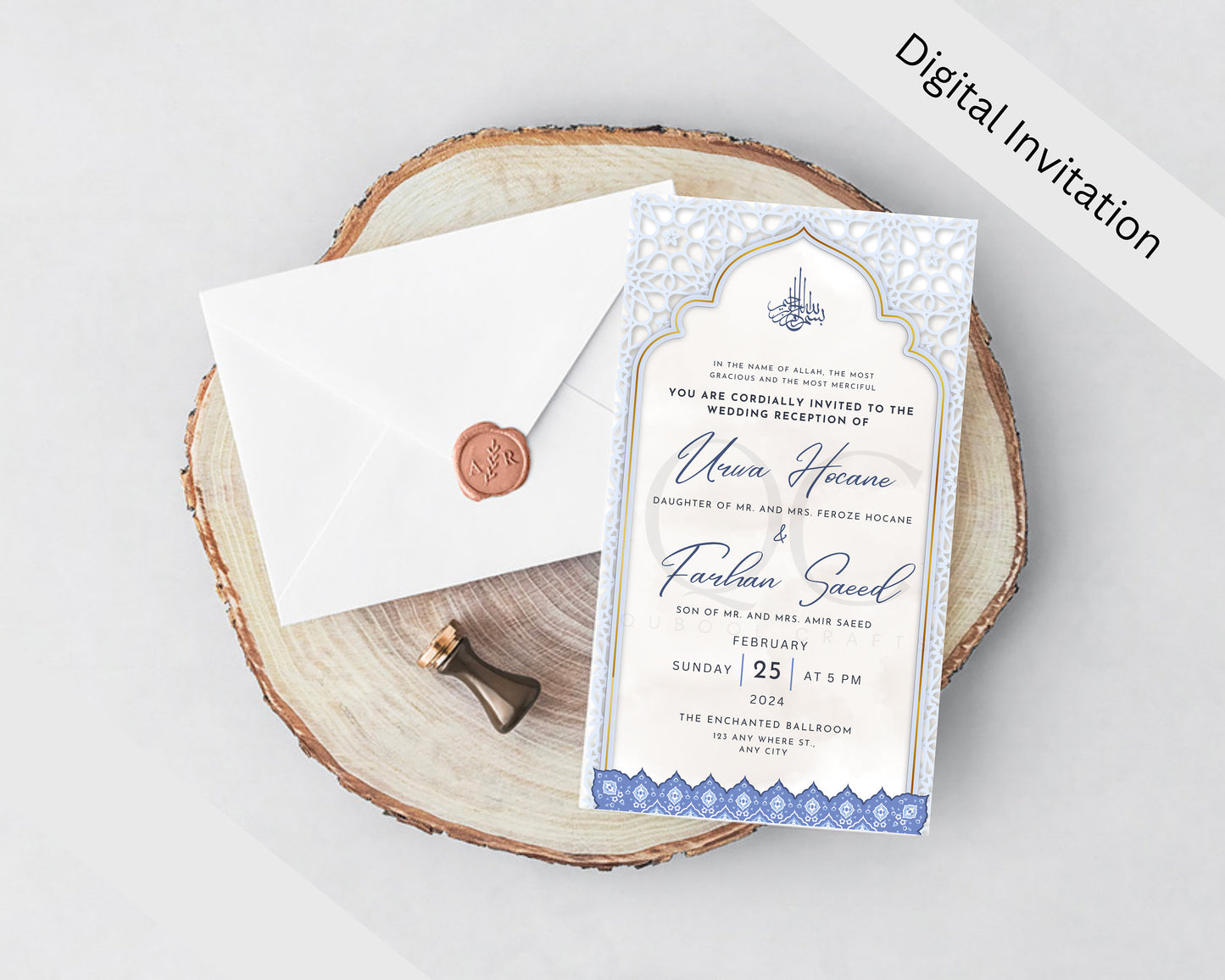 Animated Digital Nikkah Ceremony Shaadi Walima Wedding Engagement Muslim Desi Invitation Invite Card Template Floral Regal Ice Blue Masjid