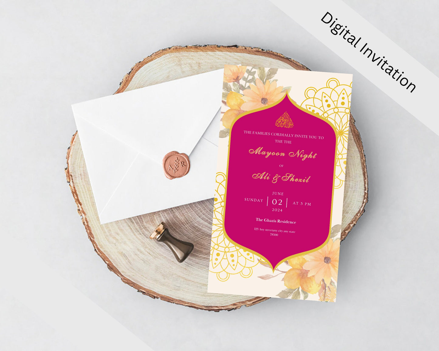 Animated Muslim Hijabi Mayoun Mayun Dholki Haldi Editable Digital Wedding Invitation Card Desi Invite Template Floral Yellow Orange Pink