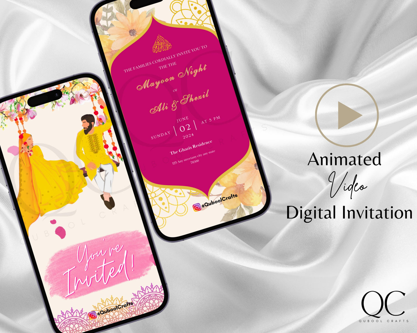 Animated Muslim Hijabi Mayoun Mayun Dholki Haldi Editable Digital Wedding Invitation Card Desi Invite Template Floral Yellow Orange Pink
