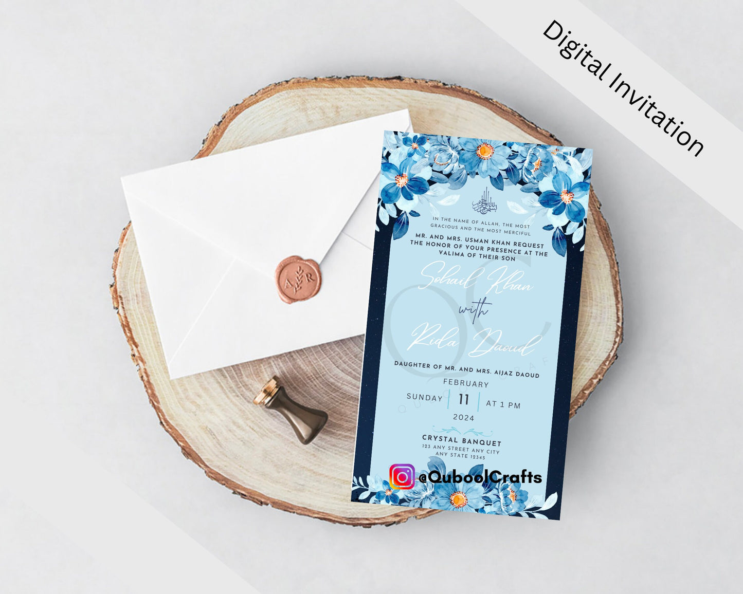 Animated Blue Reception Walima Shaadi Nikkah Engagement Wedding Digital Desi Muslim Invitation Card Template Ice Blue Instant Floral Lantern