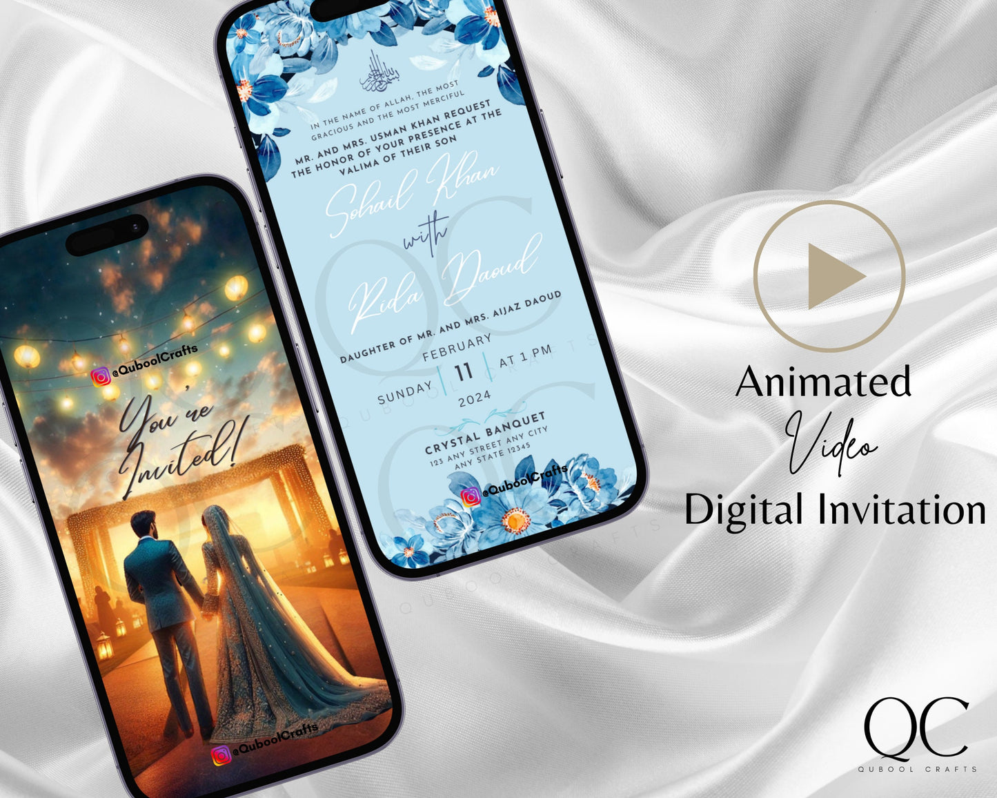 Animated Blue Reception Walima Shaadi Nikkah Engagement Wedding Digital Desi Muslim Invitation Card Template Ice Blue Instant Floral Lantern