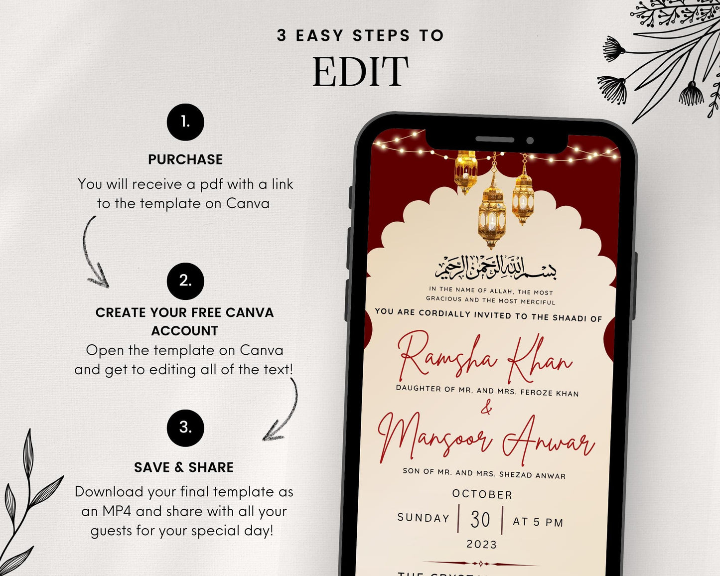 Animated Red Baraat Digital Shaadi Nikkah Ceremony Walima Wedding Engagement Muslim Desi Invitation Invite Card Template Floral Regal Black