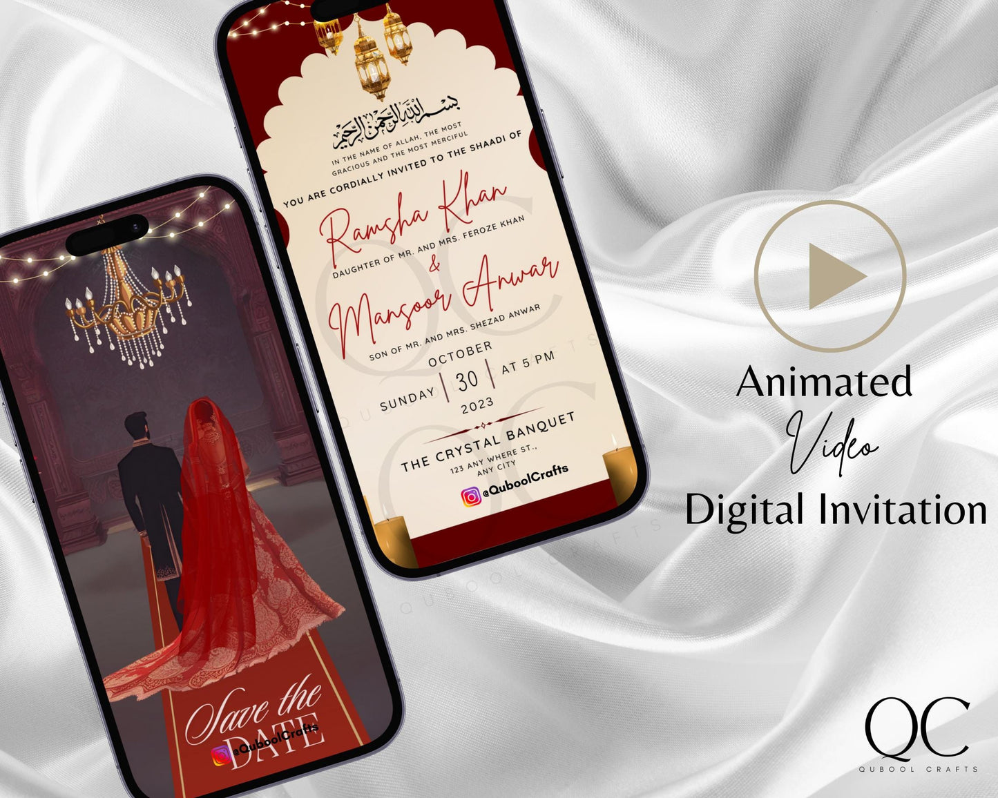 Animated Red Baraat Digital Shaadi Nikkah Ceremony Walima Wedding Engagement Muslim Desi Invitation Invite Card Template Floral Regal Black