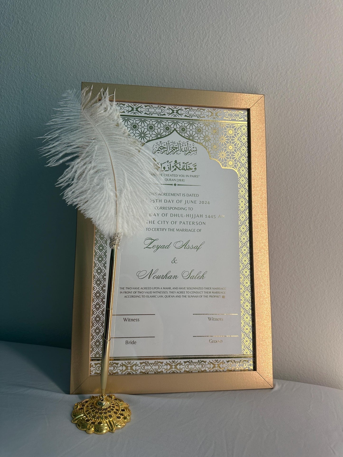 Luxury Gold Foil Nikkah Contract Pen Personalized Muslim Cards Nikkanama Muslim Desi Gold Bismillah 8.5x14in Physical Copy Frame Nikkah Pen