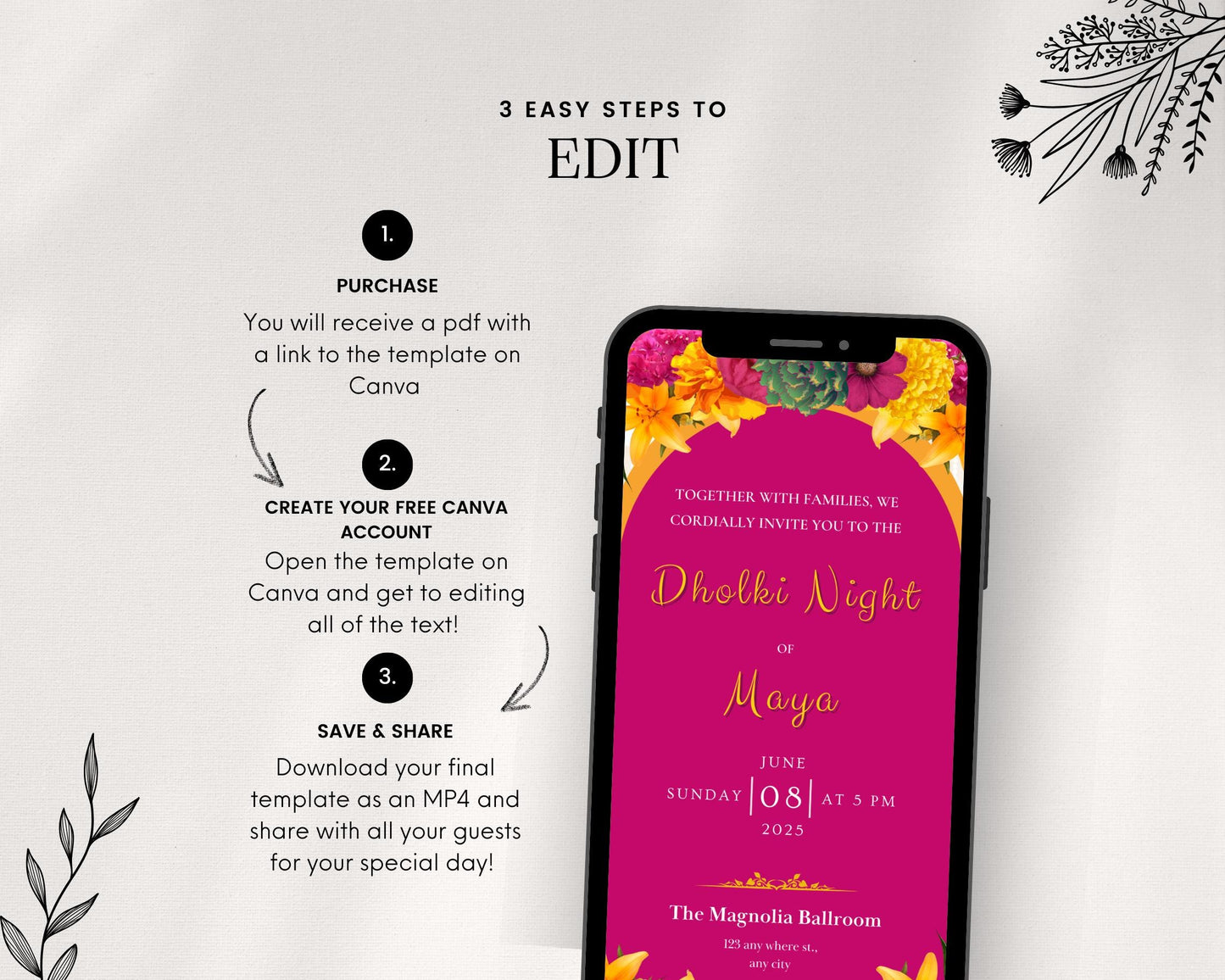 Pink Animated Digital Mehndi Mayoun Mayun Haldi Dholki Invitation Card Muslim Desi Indian Wedding Events Template Floral Dhol Solo Yellow