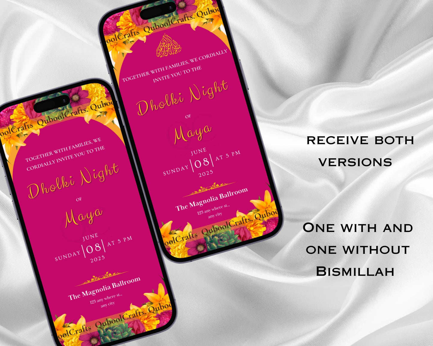 Pink Animated Digital Mehndi Mayoun Mayun Haldi Dholki Invitation Card Muslim Desi Indian Wedding Events Template Floral Dhol Solo Yellow