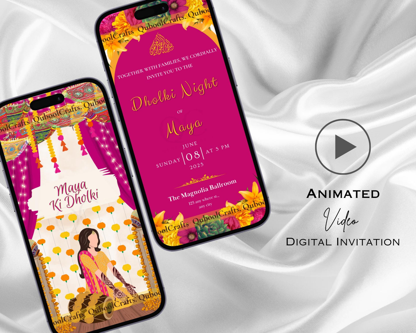 Pink Animated Digital Mehndi Mayoun Mayun Haldi Dholki Invitation Card Muslim Desi Indian Wedding Events Template Floral Dhol Solo Yellow
