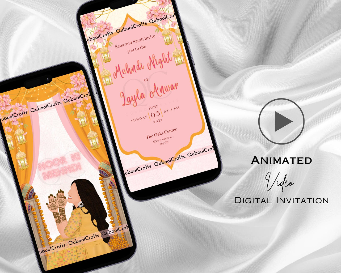 Animated Mehndi Haldi Mayoun Mayun Dholki Pithi Sangeet Digital Invitation Desi Muslim Indian Invite Card Template Floral Editable Yellow