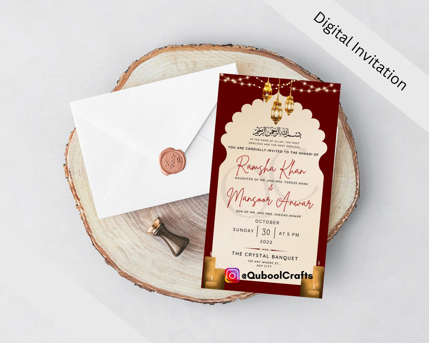 Animated Red Baraat Digital Shaadi Nikkah Ceremony Walima Wedding Engagement Muslim Desi Invitation Invite Card Template Floral Regal Black