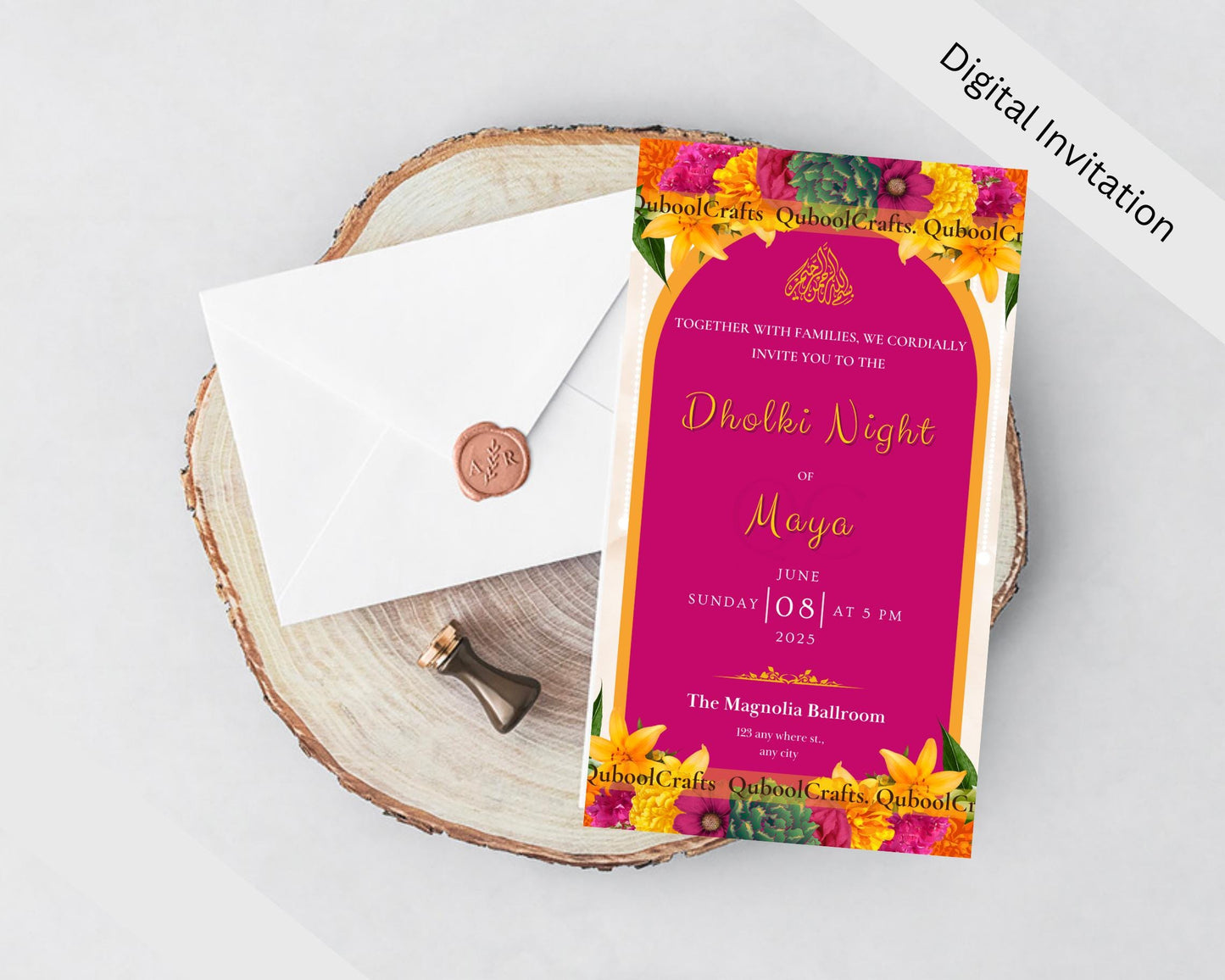 Pink Animated Digital Mehndi Mayoun Mayun Haldi Dholki Invitation Card Muslim Desi Indian Wedding Events Template Floral Dhol Solo Yellow
