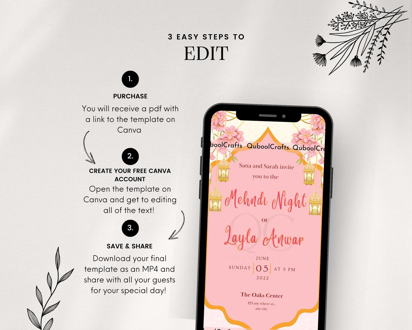 Animated Mehndi Haldi Mayoun Mayun Dholki Pithi Sangeet Digital Invitation Desi Muslim Indian Invite Card Template Floral Editable Yellow