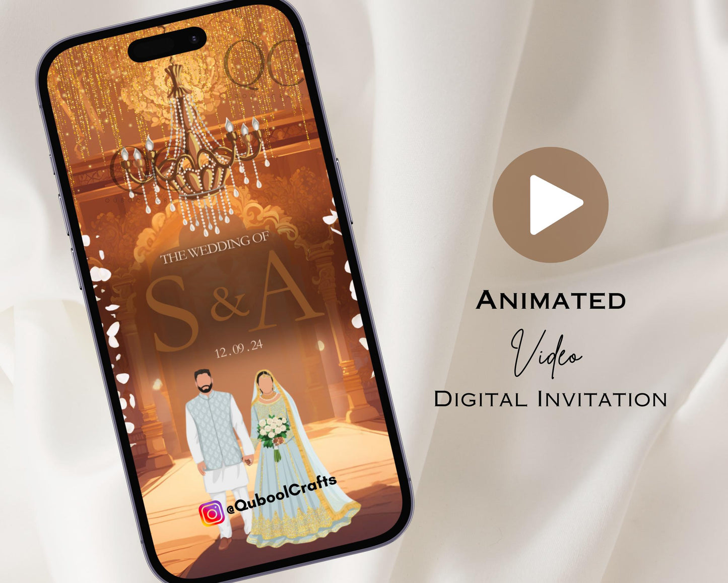Animated Gold White Nikkah Engagement Walima Shaadi Wedding Digital Desi Muslim Invitation Card Template Blue Instant Download Floral Mughal